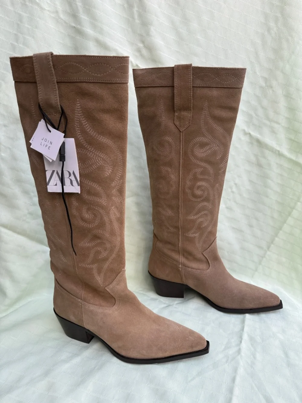 New Zara Taupe Suede Knee-High Western Boots